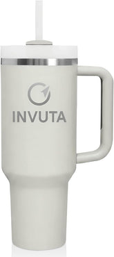 Aurevia 40oz Stainless Steel Tumbler with Handle & Straw – Arctic White, Vacuum Insulated Travel Mug, Leak-Resistant Lid, Cup Holder Friendly, Cold 16H / Hot 12H
