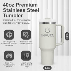 Aurevia 40oz Stainless Steel Tumbler with Handle & Straw – Arctic White, Vacuum Insulated Travel Mug, Leak-Resistant Lid, Cup Holder Friendly, Cold 16H / Hot 12H