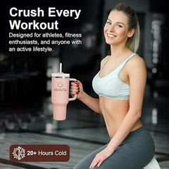 Aurevia 40oz Stainless Steel Tumbler with Handle & Straw – Blush Rose (Pink), Vacuum Insulated Travel Mug, Leak-Resistant Lid, Cup Holder Friendly, Cold 16H / Hot 12H