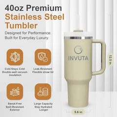Invuta's Aurevia 40oz Stainless Steel Tumbler with Handle & Straw – Ivory Mist (Cream), Vacuum Insulated Travel Mug, Leak-Resistant Lid, Cup Holder Friendly, Cold 16H / Hot 12H