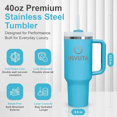 Aurevia 40oz Stainless Steel Tumbler with Handle & Straw – Azure Calm (Blue), Vacuum Insulated Travel Mug, Leak-Resistant Lid, Cup Holder Friendly, Cold 16H / Hot 12H