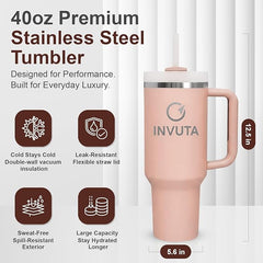 Aurevia 40oz Stainless Steel Tumbler with Handle & Straw – Blush Rose (Pink), Vacuum Insulated Travel Mug, Leak-Resistant Lid, Cup Holder Friendly, Cold 16H / Hot 12H