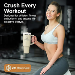 Invuta's Aurevia 40oz Stainless Steel Tumbler with Handle & Straw – Ivory Mist (Cream), Vacuum Insulated Travel Mug, Leak-Resistant Lid, Cup Holder Friendly, Cold 16H / Hot 12H